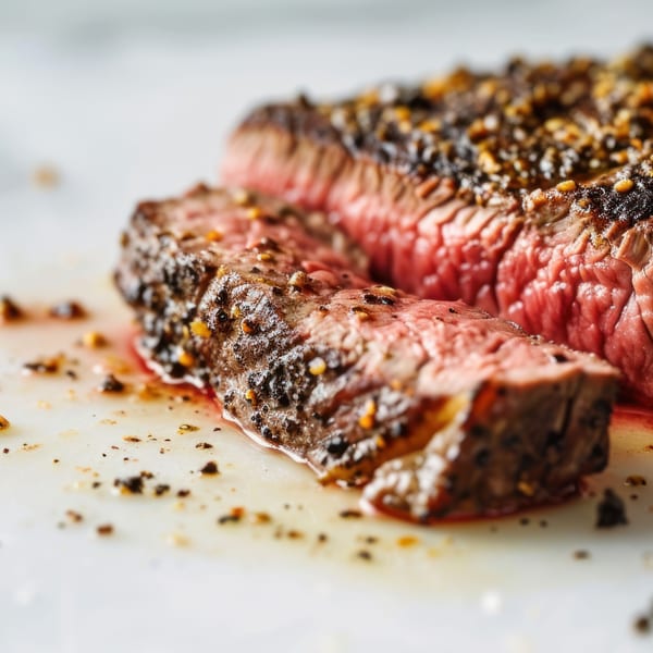 Close-up of a perfectly cooked medium-rare steak, sliced, showing juicy red interior and peppercorn crust.