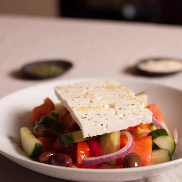 Tray of Greek Village Salad.
