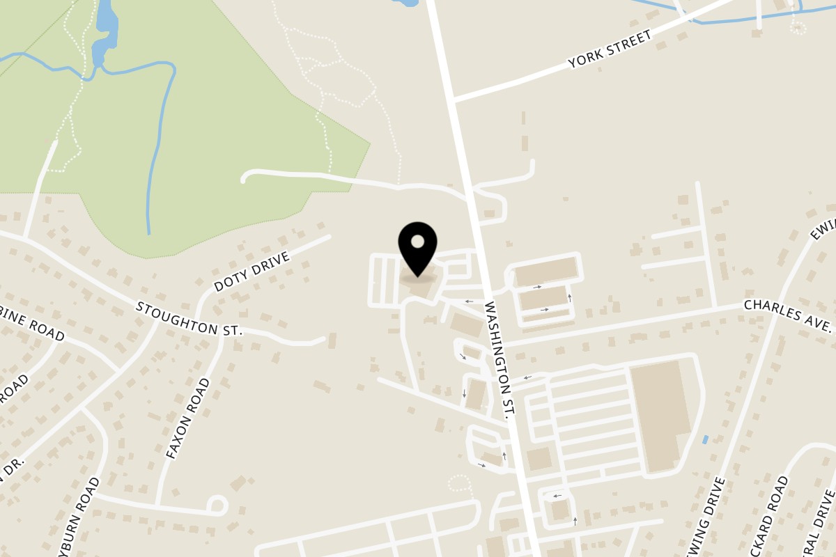 Map showing the location of Amelia's on 217 Washington St in Stoughton